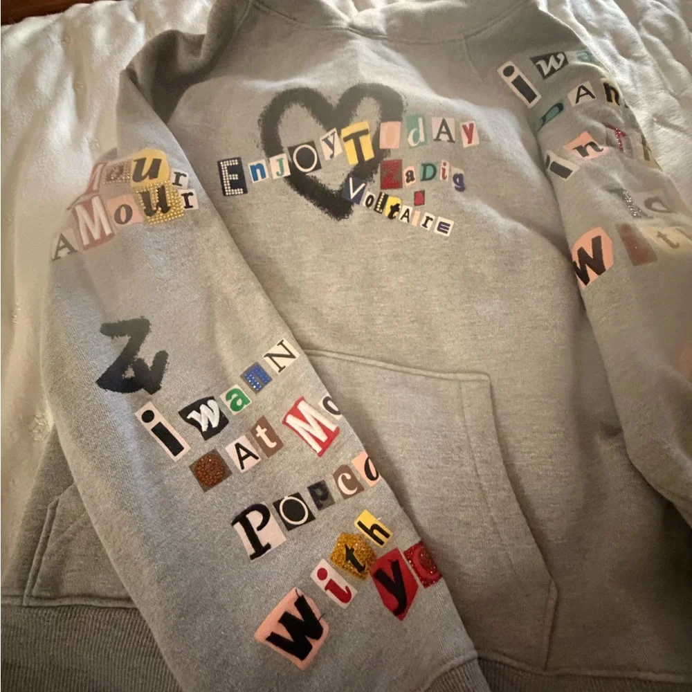 New Zadig & Voltaire Light Gray Graphic Hoodie with Multicolor Lettering - Picture 3 of 13